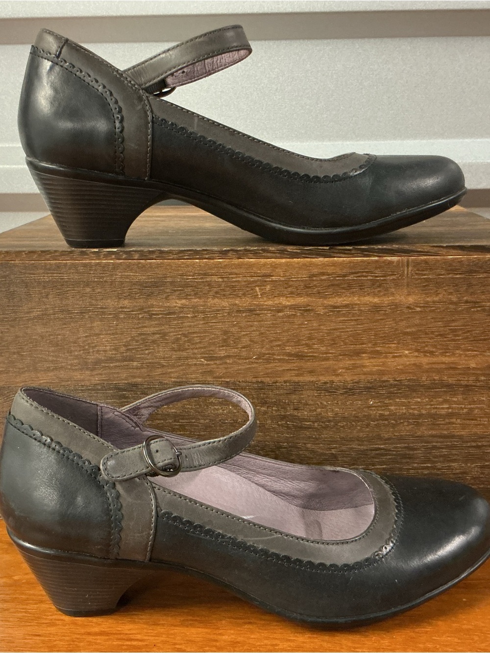 Dansko Leather Mary Jane Ankle Strap Heels Black Metallic Grey Size 40 EU 9.5-10